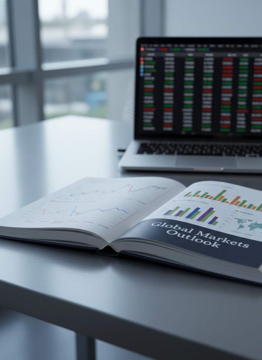 A sleek dark-navy hardcover report labeled “Global Markets Outlook” lying open on a brushed aluminum desk, pages filled with crisp line charts and multi-colored bar graphs. A thin silver laptop is partially visible behind it, showing a blurred dashboard of market indices and currency tickers. Cool, diffused daylight from a large office window washes across the scene, creating soft reflections on the metal surface and gentle shadows along the book’s spine. Photographic realism captured from a slightly elevated angle with a shallow depth of field, emphasizing clarity and professionalism. The atmosphere is analytical yet calm, ideal for illustrating clear insights into global economics and finance news in a modern, minimalist setting.