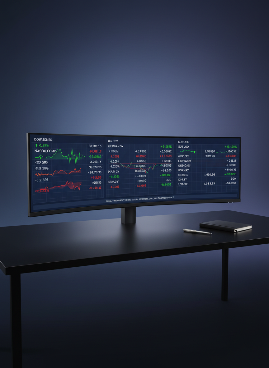 A large ultra-wide computer monitor displaying a clean, professional financial dashboard filled with stock indices, bond yields, and currency pairs in orderly grids of green and red figures. The screen sits on a tidy matte-black desk with a single closed notebook and a slim metallic pen beside it. Soft, cool-toned studio lighting highlights the monitor’s bezel and casts subtle shadows behind, while the background fades into a smooth, slightly blurred gradient. Photographic realism from an eye-level perspective, framed with rule-of-thirds composition to keep the interface as the focal point. The mood is focused and data-driven, representing real-time market analysis and economic news in a polished, contemporary workspace.