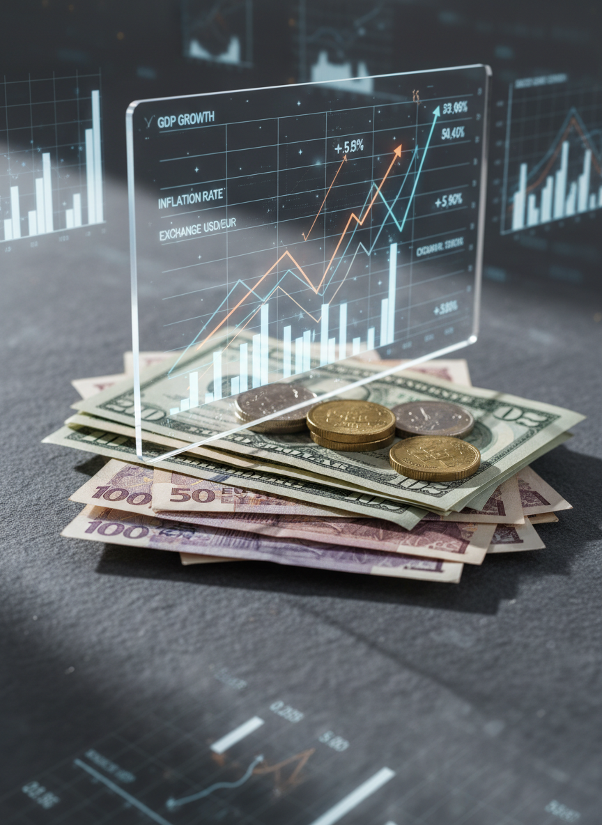 A close-up of a stack of mixed world currencies and coins—euro notes, US dollars, yen, and pound coins—arranged neatly on a smooth slate-grey surface. Above the money, a transparent acrylic overlay panel displays faint, glowing line graphs and macroeconomic indicators, as if projected in mid-air. Soft, directional lighting from the side creates fine shadows along the edges of the bills and metallic highlights on the coin rims. The background is intentionally blurred, showing only subtle hints of charts and numbers. Photographic realism with a slightly low angle that gives depth and dimension. The overall mood is sophisticated and global, emphasizing international economics and foreign exchange themes.